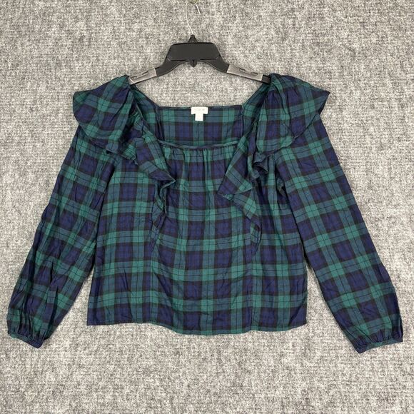 J Crew‎ Shirt Womens Small Square Neck Crop Plaid Ruffled Blouse Business Career - Picture 1 of 11